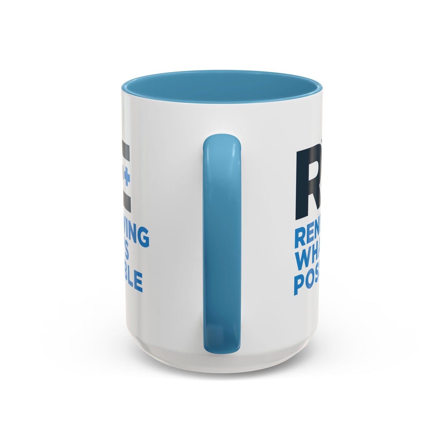 RE+ 15oz. White/Light Blue Trim C-Handle Mug