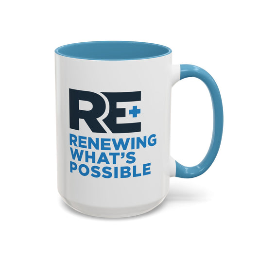 RE+ 15oz. White/Light Blue Trim C-Handle Mug