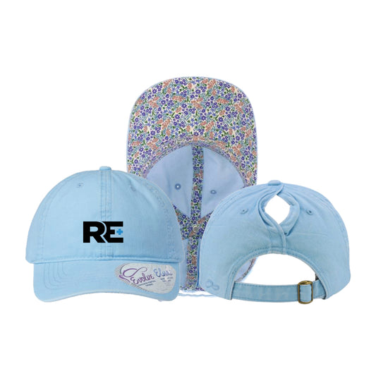 RE+ Cashmere Blue Floral Low Profile Ponytail Hat
