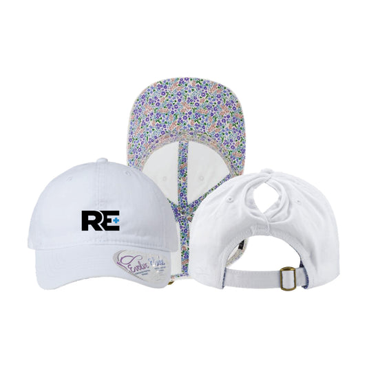 RE+ White Floral Low Profile Ponytail Hat